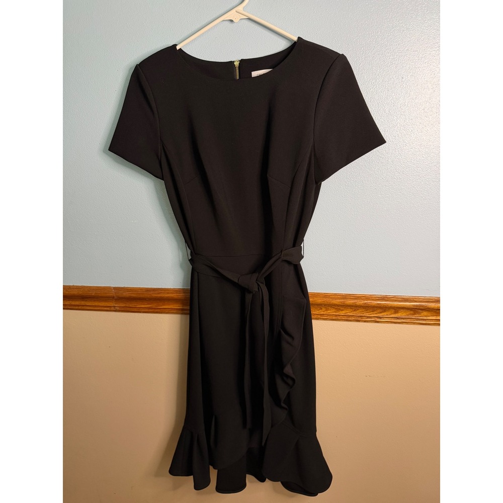 Calvin Klein Black Short Sleeve Ruffle Hem Tie Waist Dress CD1C12U7 Size 4